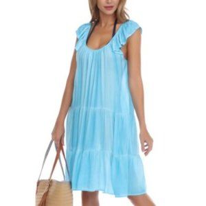Raviya Pigment-Wash Off The Shoulder Tiered Dress Cover-up Turquoise Medium nwt